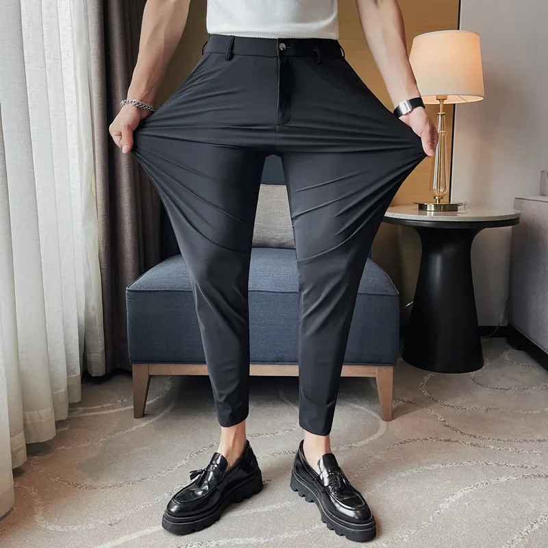 

Summer Solid Color Thin Casual Pants Men High Elasticity Ice Silk Business Dress Suit Pants Ankle Length Office Social Trousers