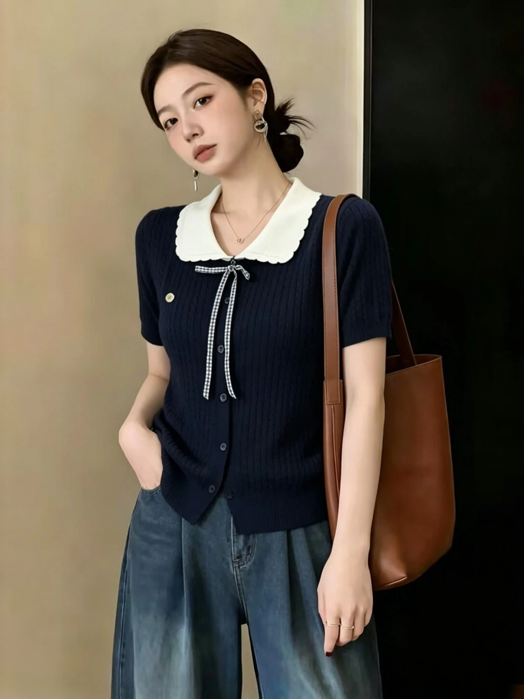 

High-End Patchwork Doll Collar Short Sleeve Knitted Shirt Women Summer Trendy Anti-Aging Versatile Top Fashionable Casual