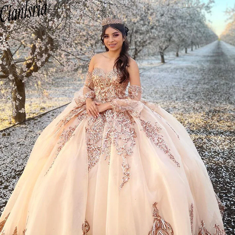 

Великолепное бальное платье, платья для Quinceanera с отстегивающимися рукавами, платья для 15 лет, фатиновые вечерние платья с аппликацией для дня рождения