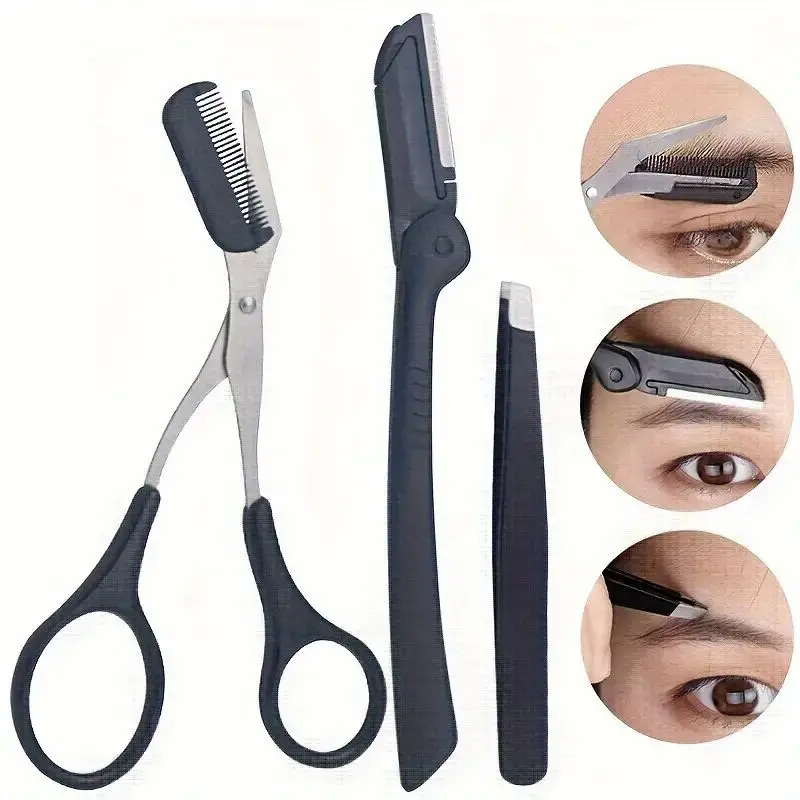 3pcs Eyebrow Trimming Tools, Stainless Steel Eyebrow Tweezer Eyebrow Scissors With Comb Eyebrow Razor