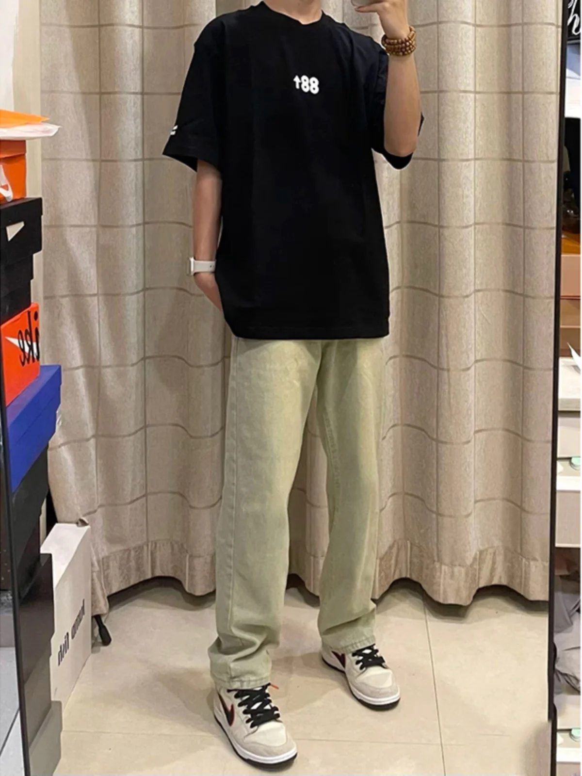 

Yellow Mud Color Men's Jeans Summer American High Street Vibe Straight Leg Jeans CleanFit Bootcut Trousers Wear Resistant