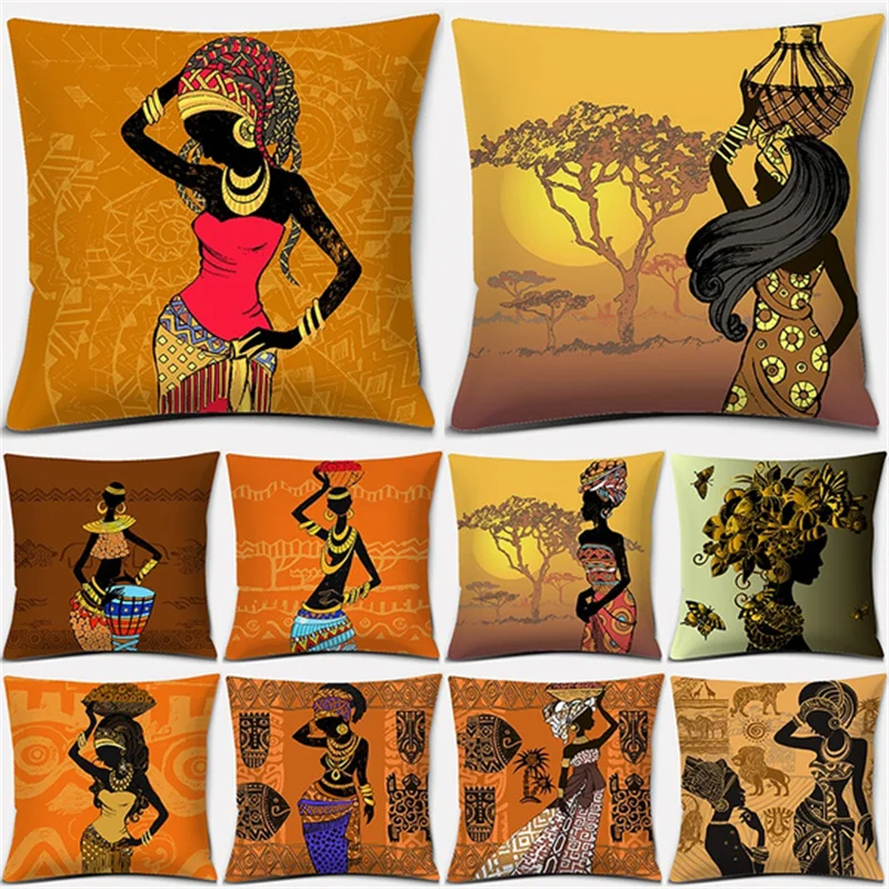 Ethnic African Women Polyester Double-sided Printed pillow cover Short plush Suitable living rooms bedrooms throw cushion cover