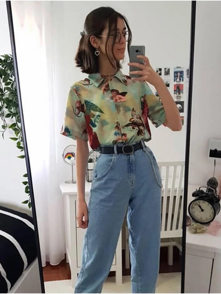 Vintage Aesthetic Cupid Angel Print Women\' Blouse Shirt Cardigan Short Sleeve Summer Top Graphic Blouse Women Clothes 2024 New