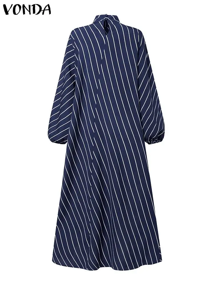 Plus Size 5XL VONDA Striped Maxi Dress Bohemian Autumn Women High Neck Elegant Long Sundress Long Puff Sleeve Printed Vestidos