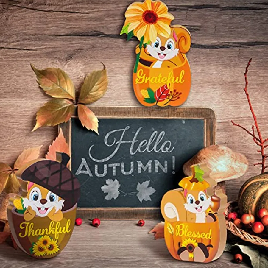 3 Pieces Thanksgiving Decor for Home Fall Wooden Sign Thankful Grateful Blessed Pumpkin Fall Tiered Tray Decor Squirrel Acorns
