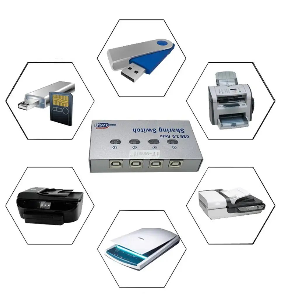 4 Ports USB Sharing Switch Hub Multi USB Port Adapter for Printer Scanner Table Use and Office Setup