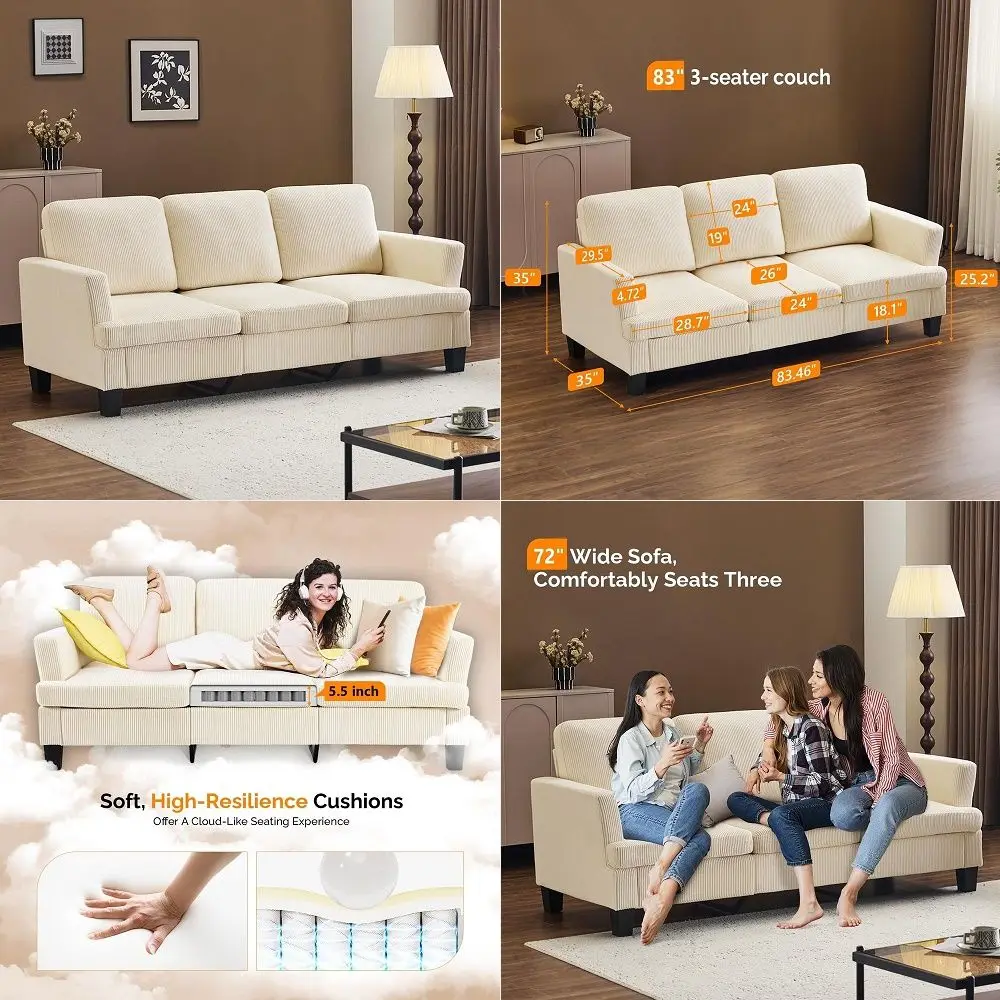 

Beige 83 Sofa Couches for Living Room, Corduroy Modern Comfy 3 Seater Couch 25.6 Deep Seat Upholstery Cozy Sofas for Small Spac