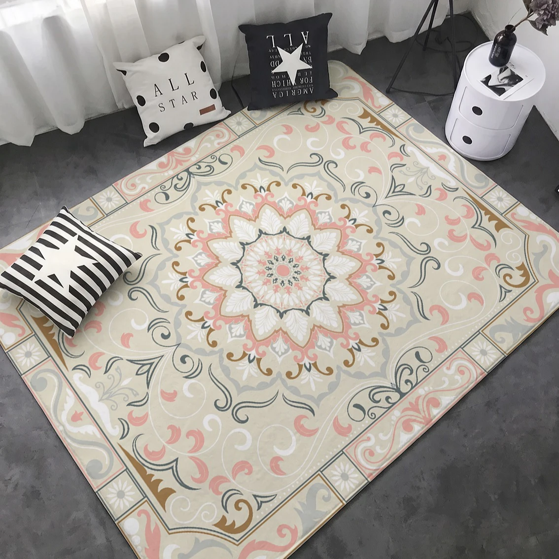 Soft Flannel Living Room Rug Beige Pink Mandala Area Rug Vintage Boho Non Slip Bedroom Carpet Large Washable Home Decor Mat