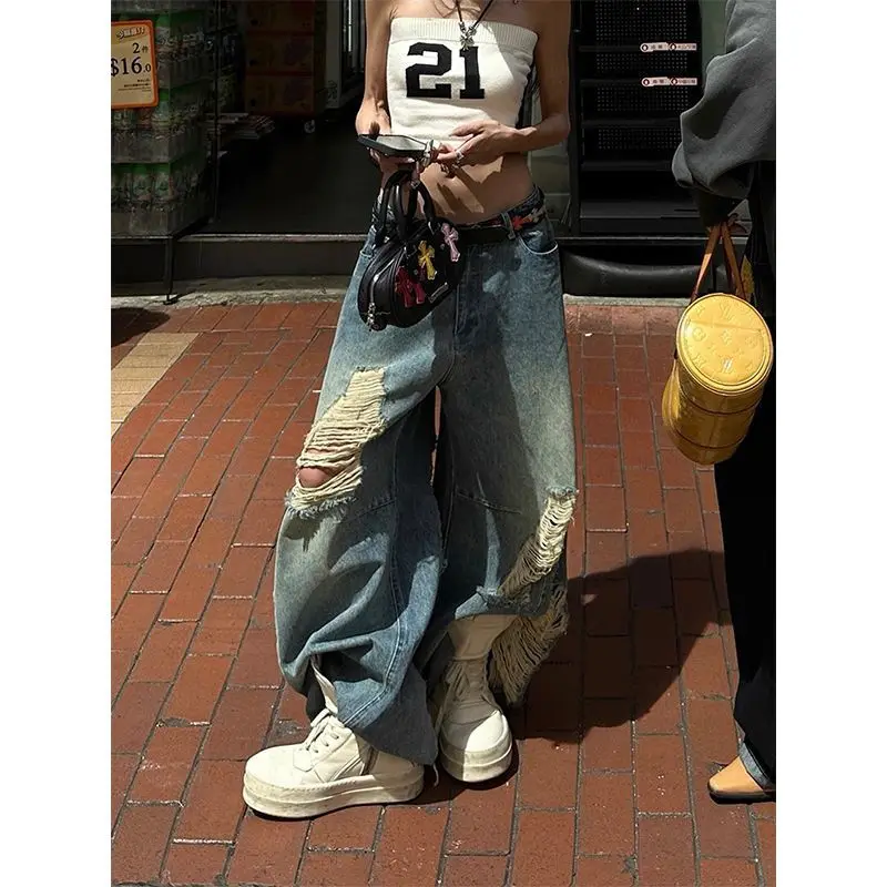 trend street vibe dancing babe ripped jeans retro high waist loose lazy loose flooring pants  joggers women