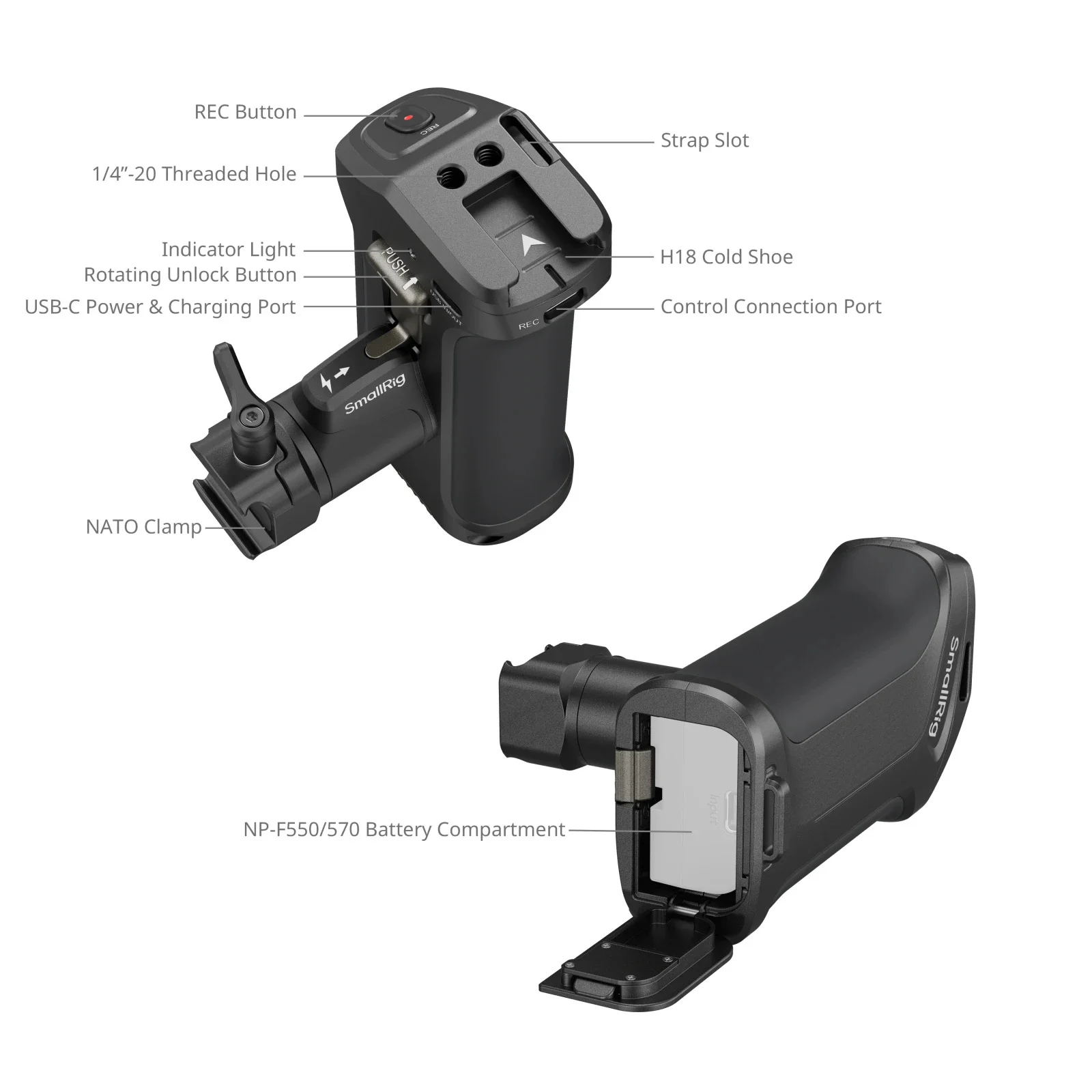 SmallRig Rotating Side Handle with Trigger REC for Selected Canon / Blackmagic Design Sony Cameras Handle With Cold Shoes Mount