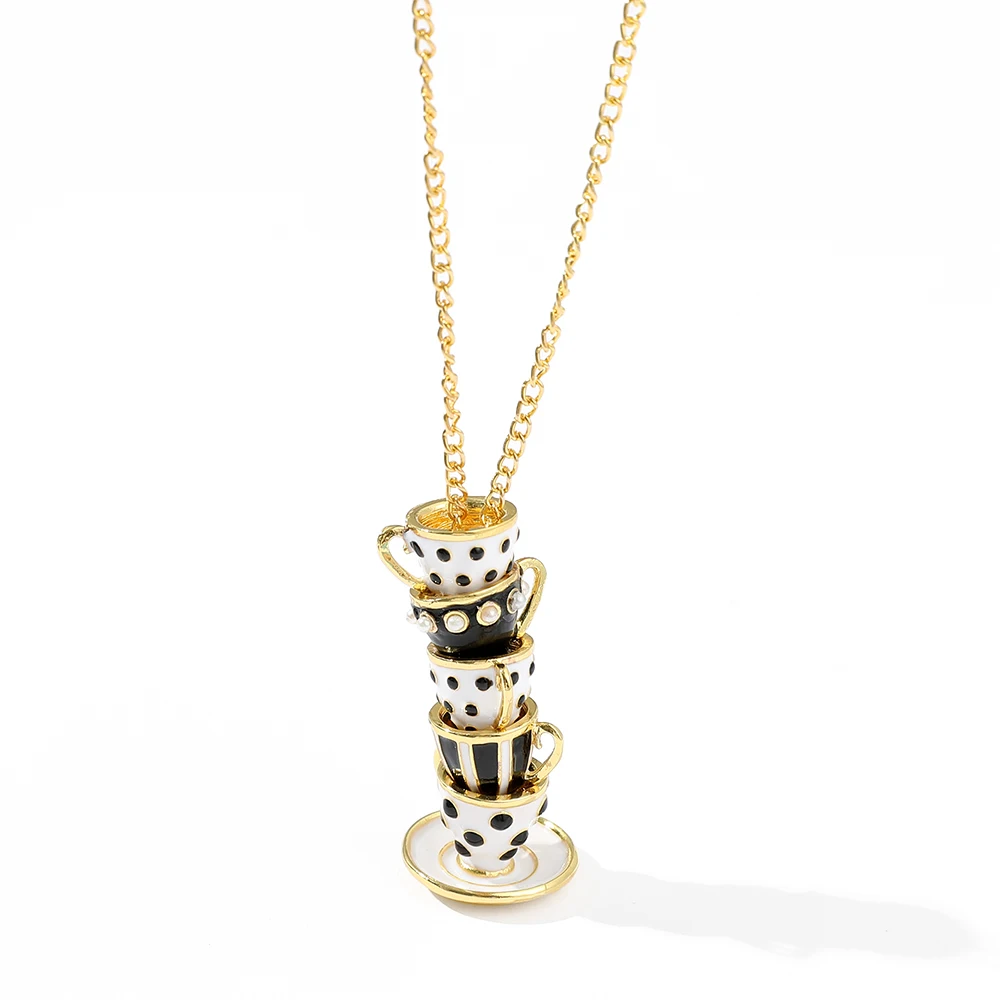 Fashionable and Personalized Light Luxury Enamel Glazed Pearl Inlaid Coffee Cup Retro Palace Tea Cup Necklace