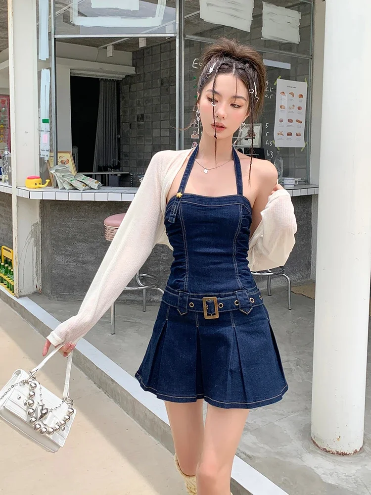 JMPRS Summer Sexy Spaghetti Strap Denim Dress Women Hot Backless A-line Short Dresses Female Fashion Belt Jean Vestidos Y2k Ins