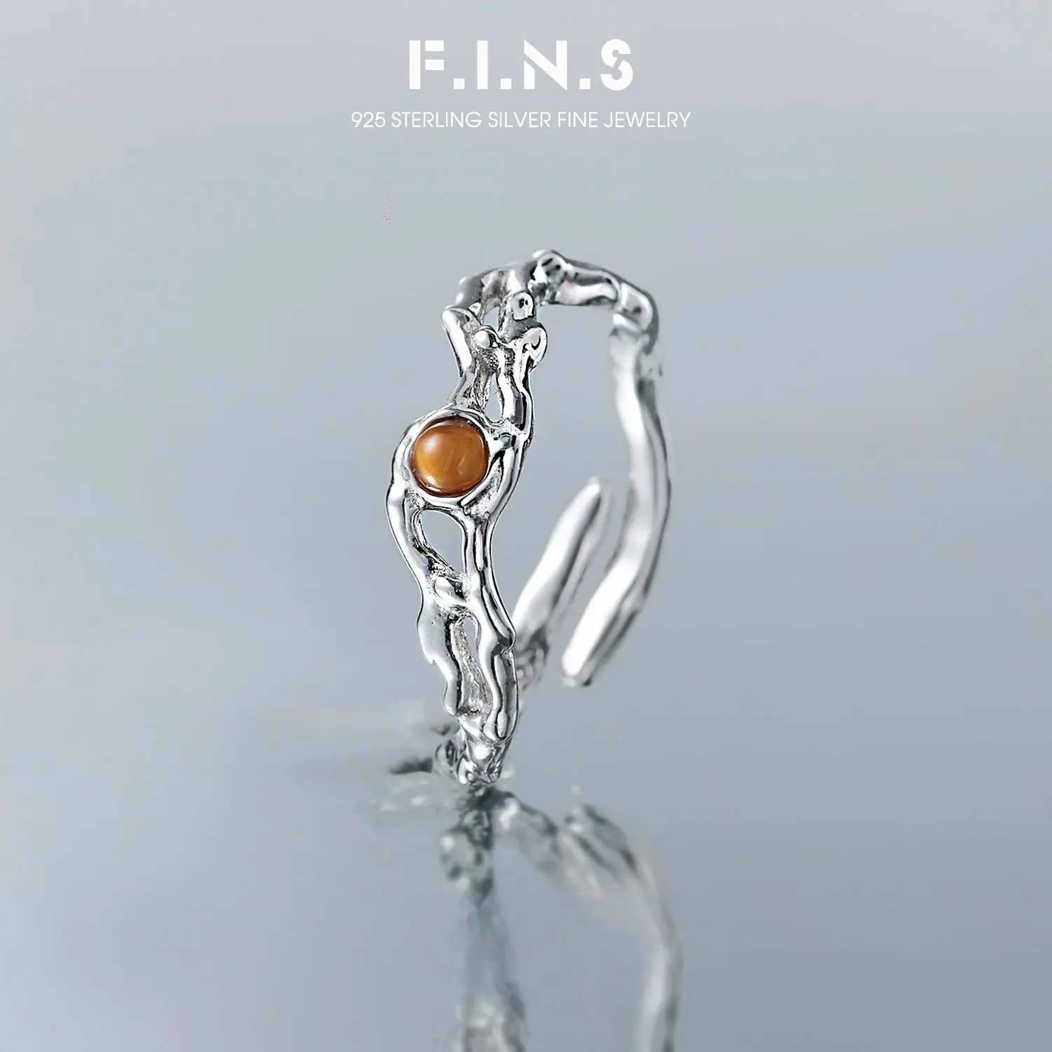 

F.I.N.S Original Design Tiger Eye Stone Hollowed Finger Band Irregular Texture S925 Sterling Silver Ring Women's Fine Jewelry