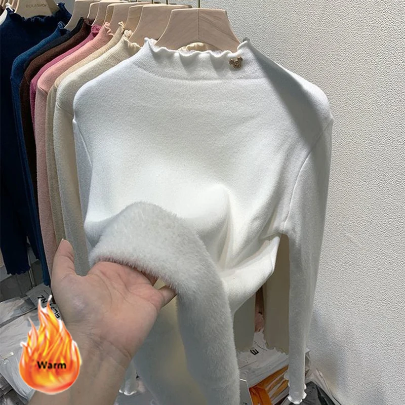 Winter Lined Thick Sweater Women Korean Wave Half Turtlenck Long Sleeve Knitted Sueter Elegant Plush Velvet Knit Bottoming Top