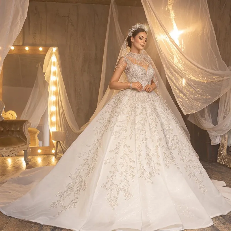 

Gorgeous Embroidery Lace Court Train Ball Gown Wedding Dress Luxury Crystal Beading High Neck Sleeveless Princess Bridal Gown