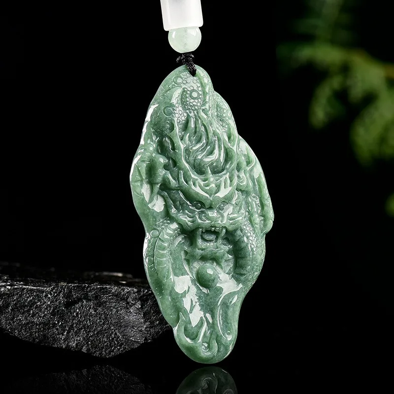 

TIMESWIND Natural A-type Jade Green Dragon Bead Men Titanium Steel Necklace with Certificate