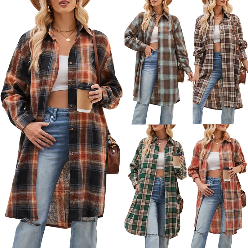 

Women's Autumn and Winter New Casual Fashion Loose Long Windbreaker Plaid Shirt