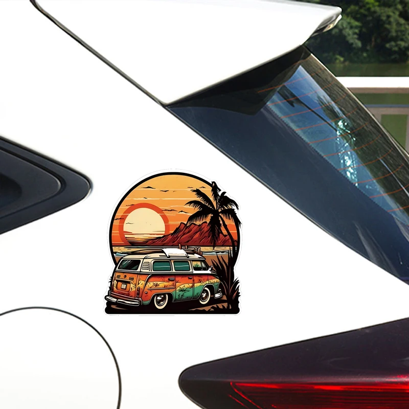 JT425# Vintage Beach Surfing Van PVC Decal - Tropical Sunset Palm Tree Travel Sticker for Car Window, Laptop, Bumper, Wall