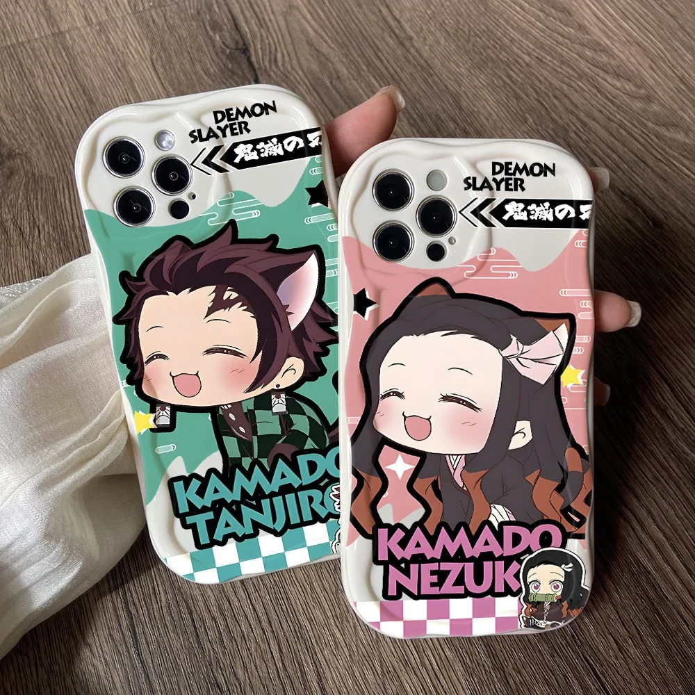 Demon Slayer Nezuko Tanjirou Phone Case for iPhone 16 15 14 Plus 13 12 Mini 11 Pro Max X Xs XR 7 8 3D Creamy Wave Soft Cover