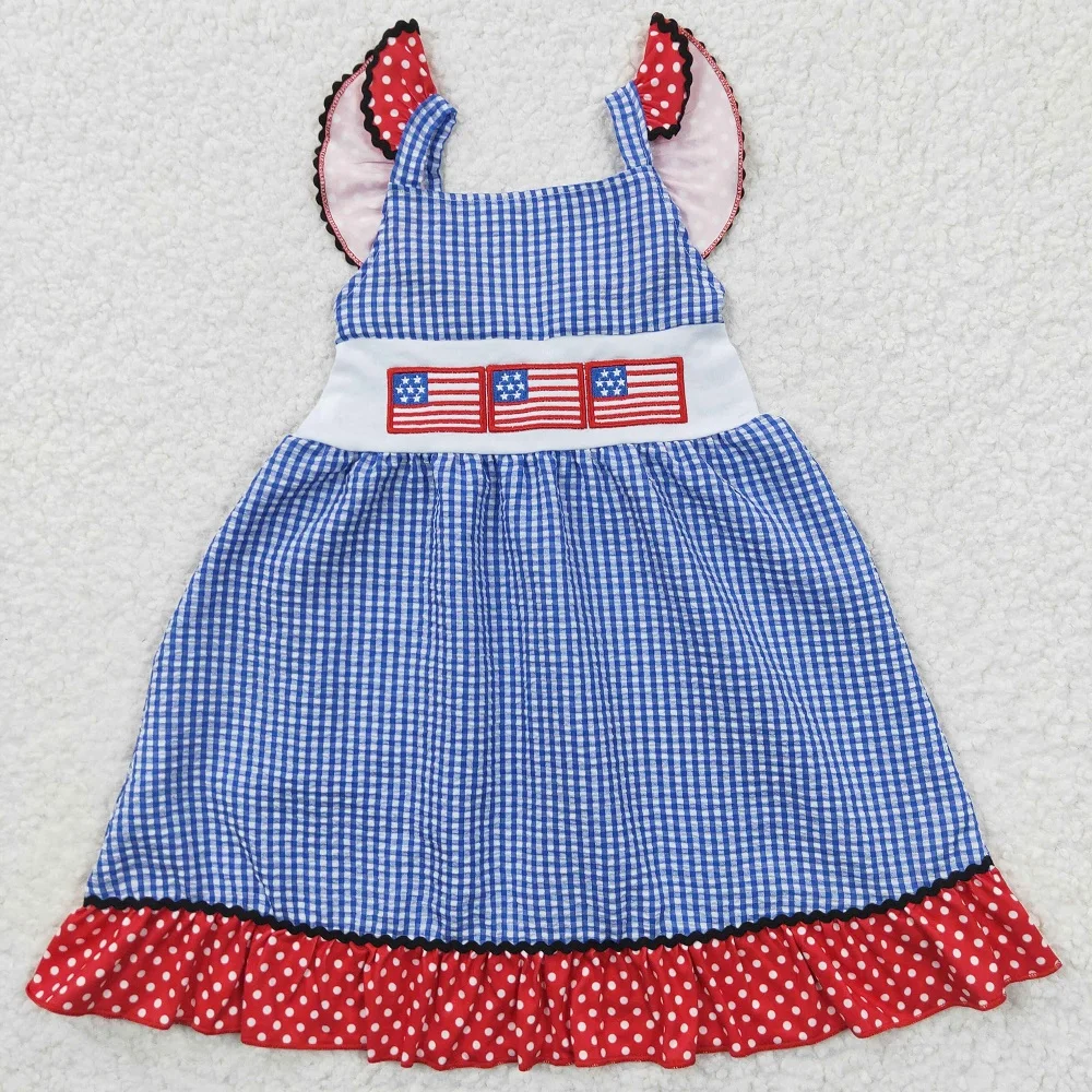 Chaleco bordado con bandera del Día Nacional para niñas, Vestido de manga voladora, Boutique, ropa para niños, falda, descuento, RTS, moda, venta al por mayor