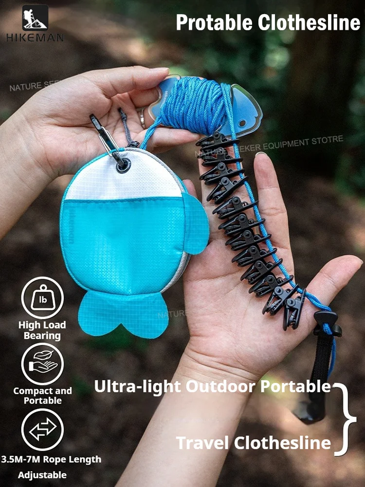 HIKEMAN Camping 3.5-7M Clothesline Adjustable 16 Clips Outdoor Travel Hanging Drying Rope Protable
