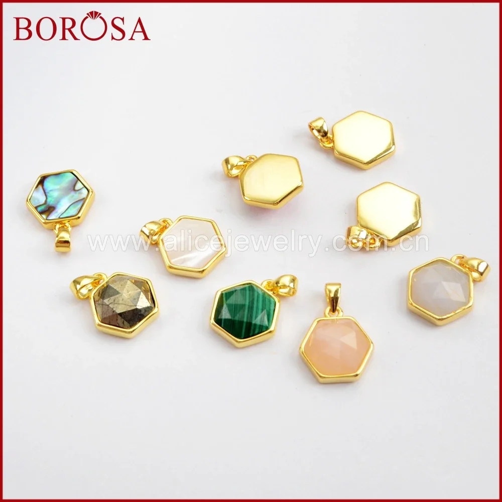 

BOROSA Wholesale 10pcs Hexagon Shaped Multi-kind Faceted Stones Abalone Shell Pendants for Necklace Making Fashion Jewelry