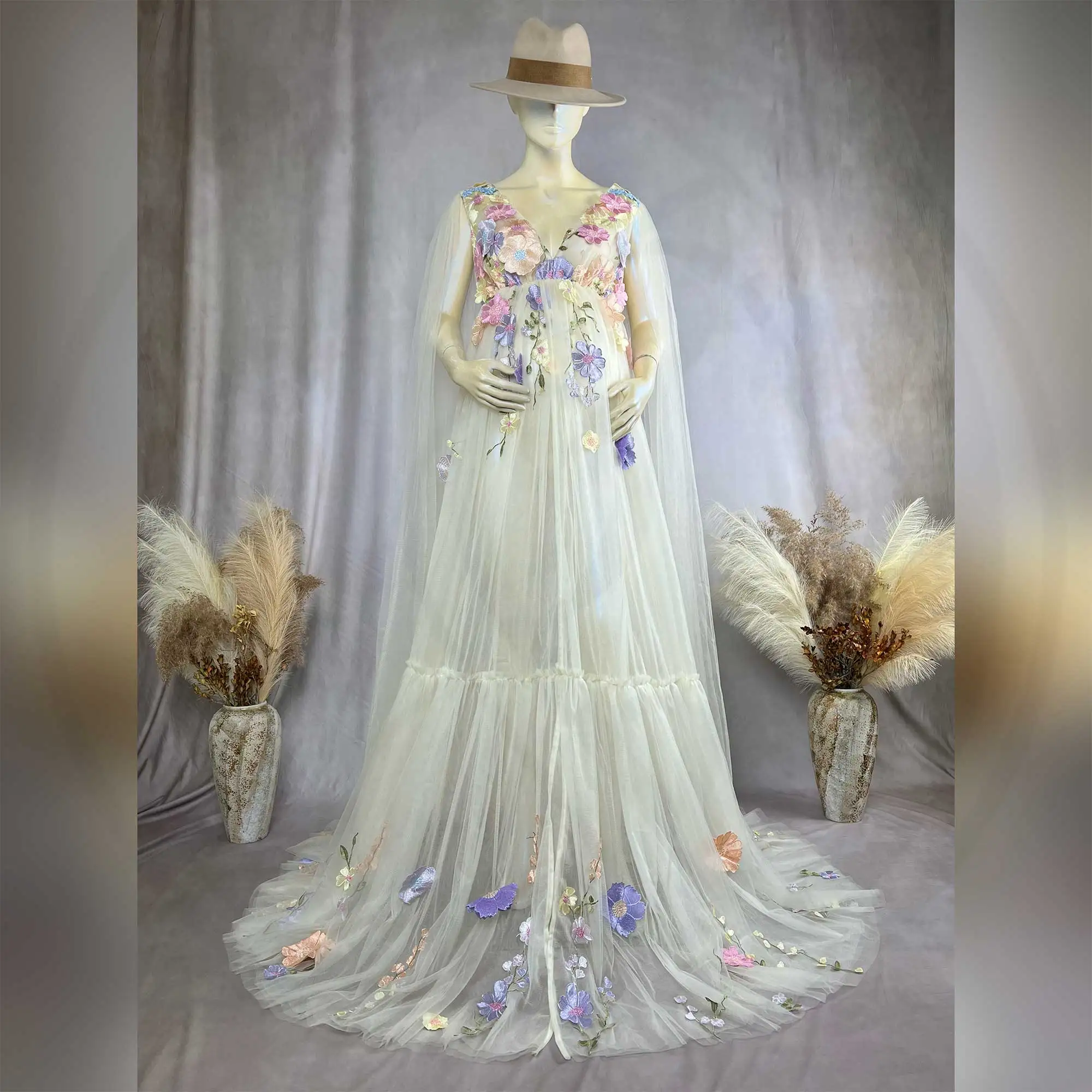 Don&Judy Pregnancy Dresses Photoshoot V-neck Tulle Dress with Flower Decorations Wedding Party Women's Gowns Photography Photo