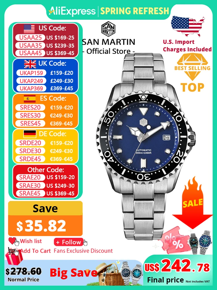 

San Martin New 40mm Diver Watch YN55 Enamel Dial Classic Luxury Men Automatic Mechanical Watches Sapphire Waterproof 300m SN0009