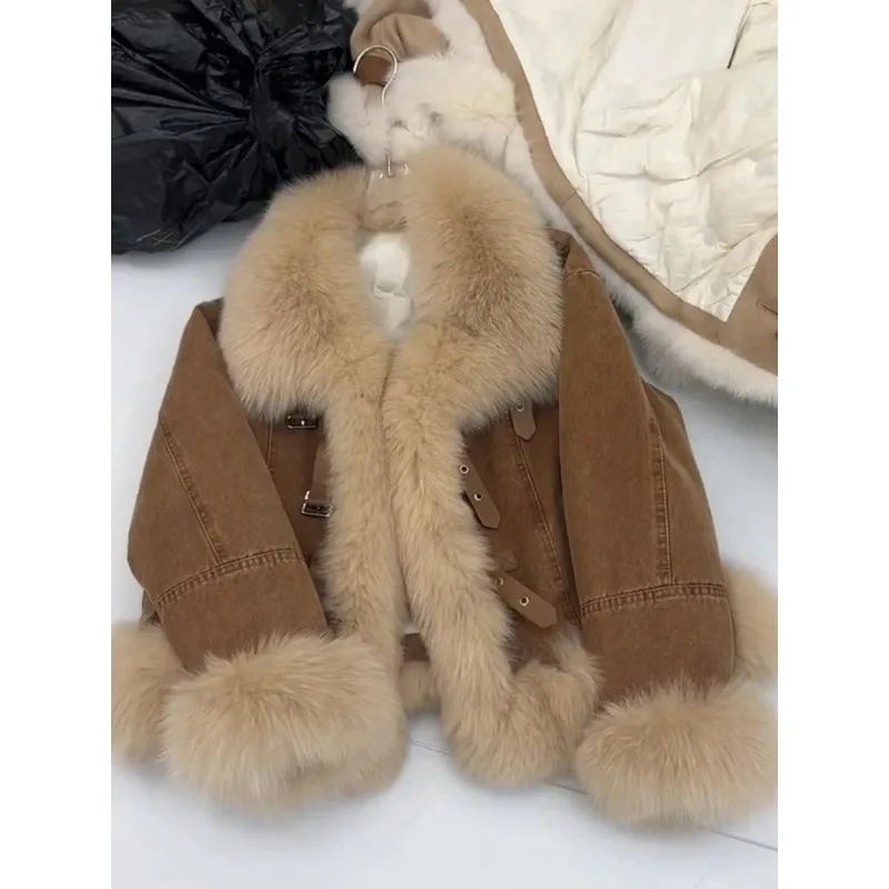 

Модная коричневая плюшевая утепленная короткая куртка для женщин: осенне-зимняя дизайнерская хлопковая куртка с застежкой, повседневный универсальный топ с длинными рукавами