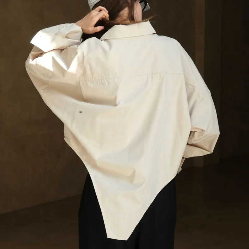 HKSH Autumn New Women Shirt Turn-down Collar Single Breasted Irregular Hem Solid Color Korean Office Lady Ins Casual Top HK11417