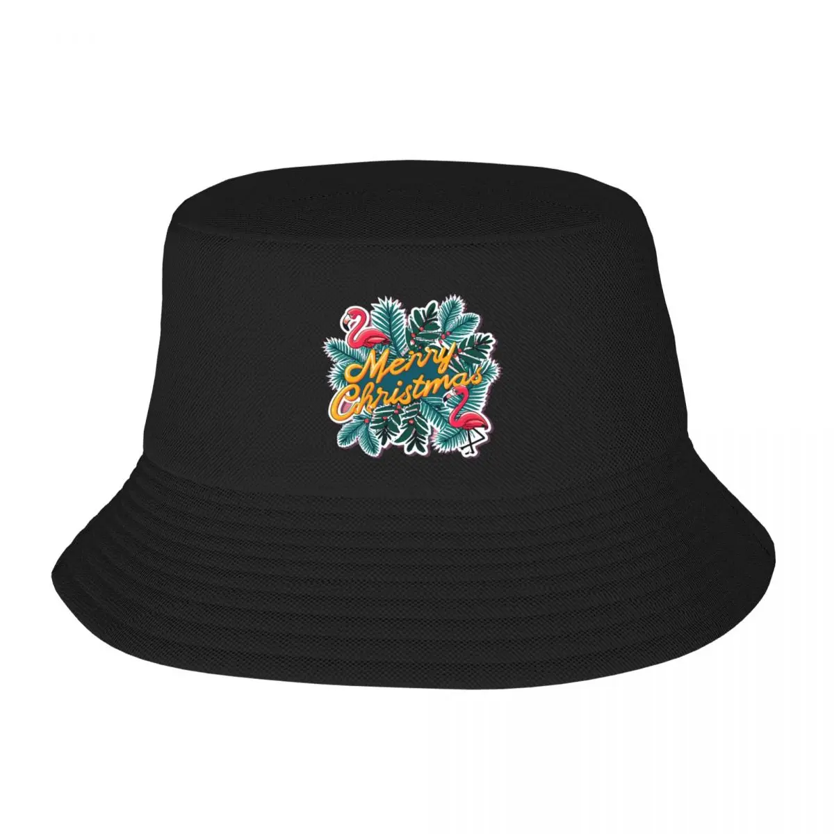 Cute pink flamingo wearing a christmas' hat and surrounded by christmas things Bucket Hat Luxury Hat Golf Women Men's