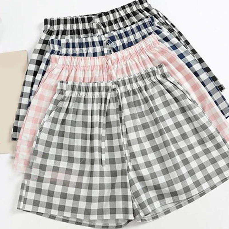 Mode hohe Taille lässig Strand nach Hause lose weites Bein Plaid Shorts für Frauen