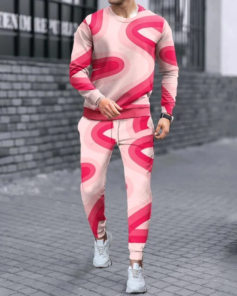 

2025 Men's 3D Printing Men's Fashion Crew Neck Long Sleeve Pants Set Breathable Quick Drying Casual Sports Elite Men's Set