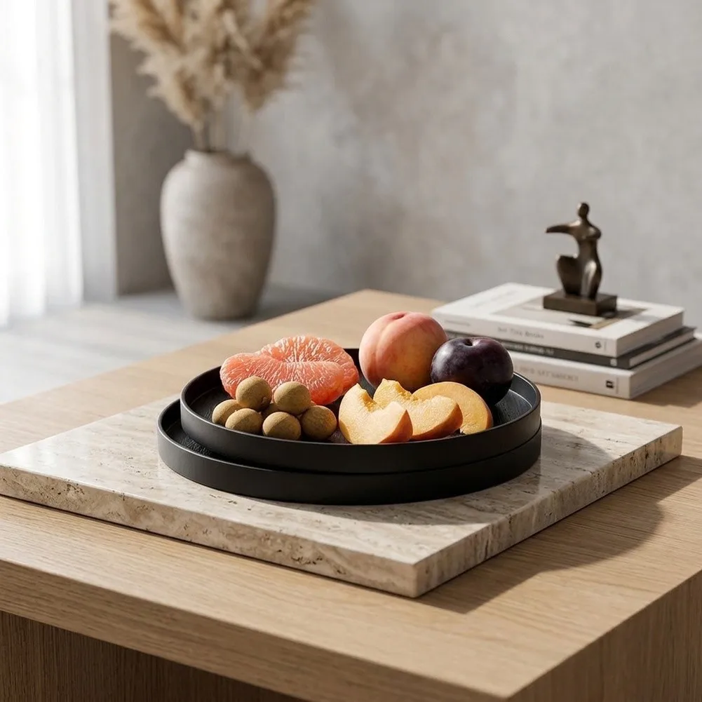 Black Wood Particle Finish Round Trays Set of 2 for Home Decor Serving Organizer for Living Room Bedroom Dresser