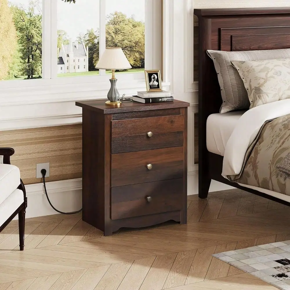 Nightstand With Charging Station, Wood Nightstand With 3 Drawers, Bedside Tables Bedroom, Dorm, End Table With 2 USB Ports And