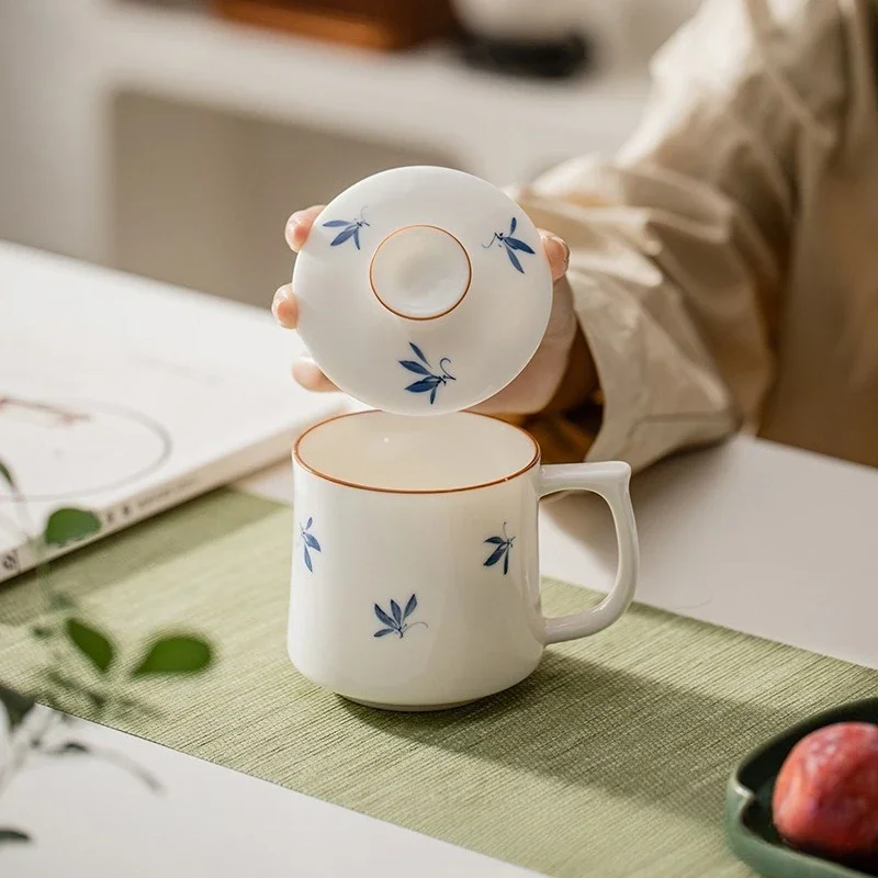 White Porcelain Hand-painted Orchid Ceramic Office Cup with Lid Small Fresh Household Tea Cup Mug