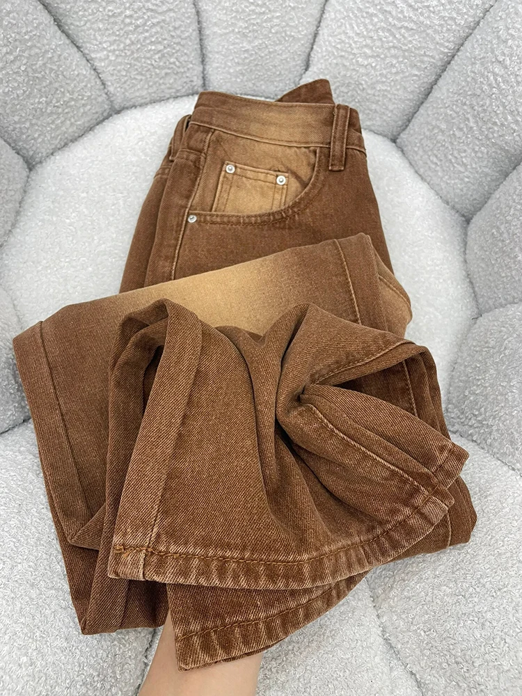 

Vintage Brown Colour Jeans Female High Waisted Loose Straight Pants Women's Daily Commuter All-matched Denim Trousers For Autumn