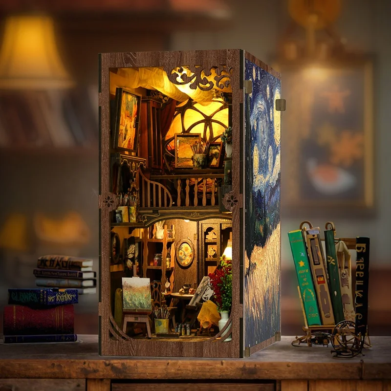 Niche à livres en bois à faire soi-même, un monde à l'intérieur du cadre, figurines miniatures, serre-livres, étagère à livres artisanale, cadeaux pour amis, décoration de la maison, artisanat