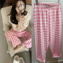 Comfortable Floral Plaid Pajamas Pants Elastic Waistband Wide Leg Summer Sleepwear Loose Home Clothes For Women Girl