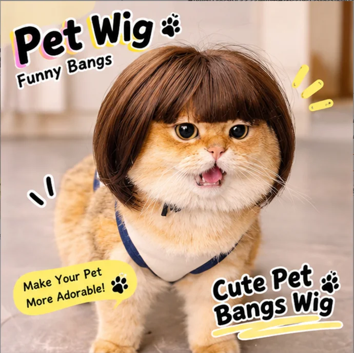 Adjustable Pet Bob Wig With Bangs Synthetic Hair Funny Costume Headwear for Cat Small Dog Halloween Cosplay Photo Props 2‑Color