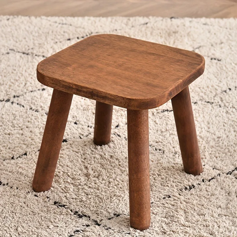 1pc All Solid Wood Shoe Changing Stool, Small Walnut Color Stool For Living Room, Entrance, Bathroom, Bedroom, Kitchen