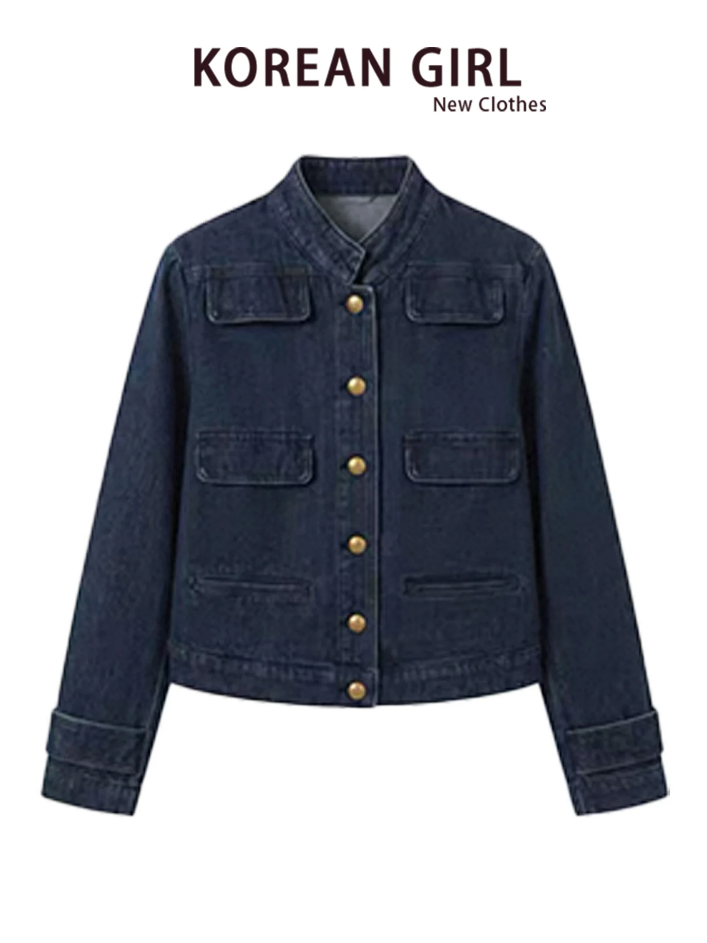 Blue Washed Denim Jacket Women's Spring Autumn Loose Short Thin Casual Style Multi-Pocket Design Standard Fit Straight Tube J...