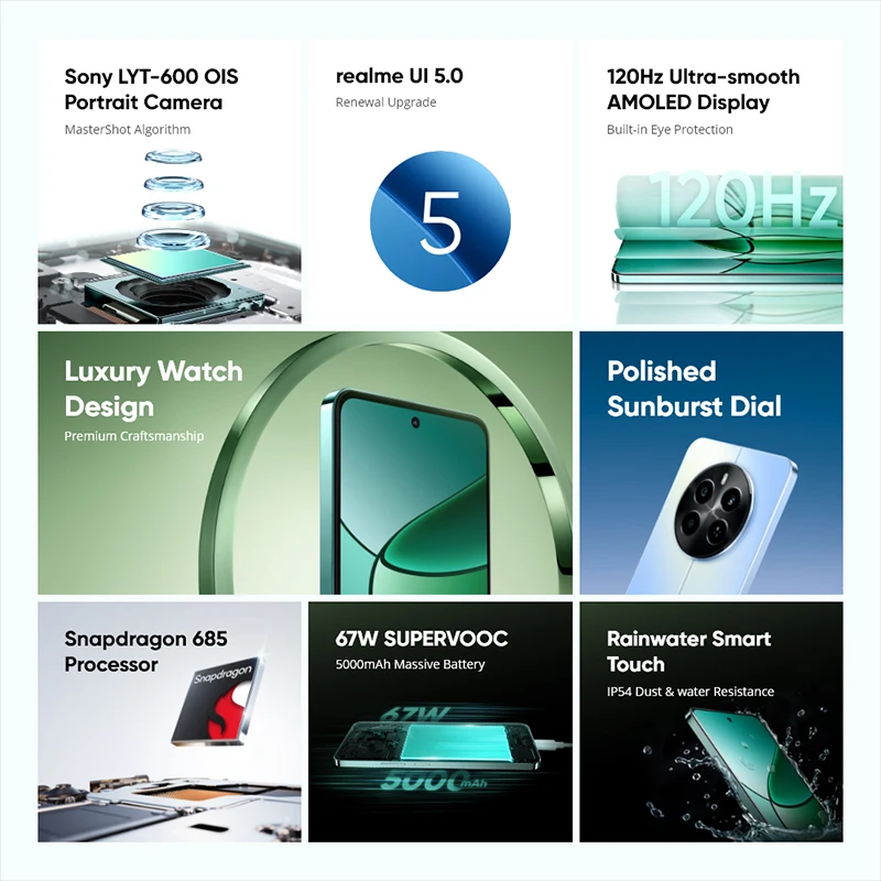 هاتف ذكي Realme 12 4G معالج Snapdragon 685 120 هرتز 6.67 بوصة شاشة AMOLED 50 ميجابكسل Sony LYT-600 OIS كاميرا شحن 67 وات
