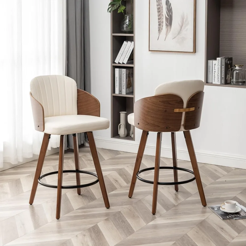 

Counter Height Bar Stools Set of 3, 26" Swivel Bar Stools with Back and Arms Leather Wooden Barstools Upholstered Counter Stools