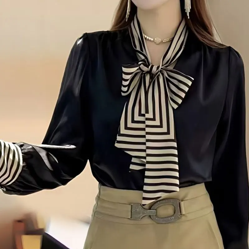 Elegant Bow Drawstring Chiffon Shirt Women\'s Clothing Solid Color Striped Patchwork Spring Autumn Fashion V-Neck Button Blouse