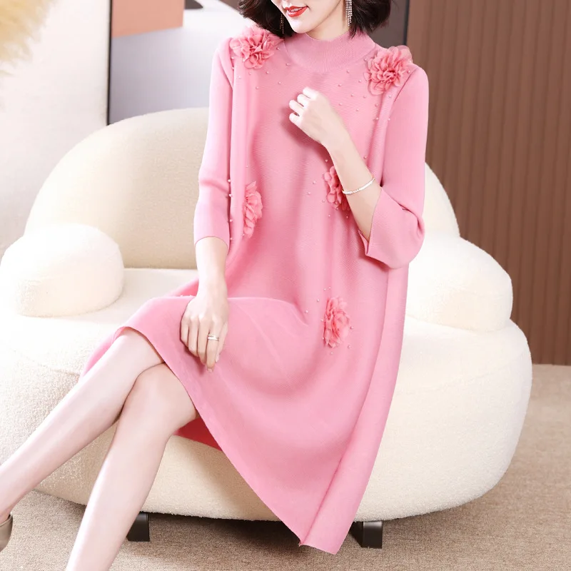 

Spring Dress For Women 45-75kg 2023 New Stand Collar Three Quarter Sleeve Fashion Beading Loose Stretch Miyake Pleated