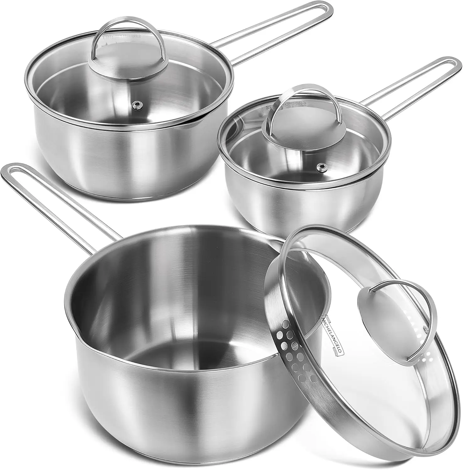 

Stainless Steel Saucepan Set with Lid & Pour Spout, Tri-Ply Bottom, 1QT/2QT/3QT - 6 Pcs