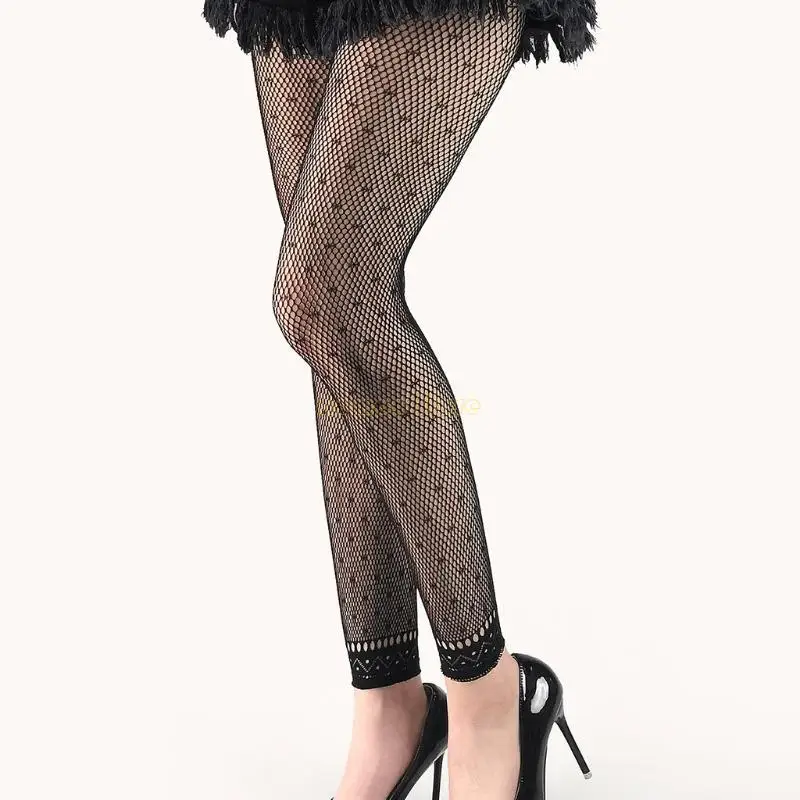 31BF Women Sexy High Waist Footless Leggings Flower Jacquard Patterned Mesh Net Tights Black Ankle Pantyhose Stocking
