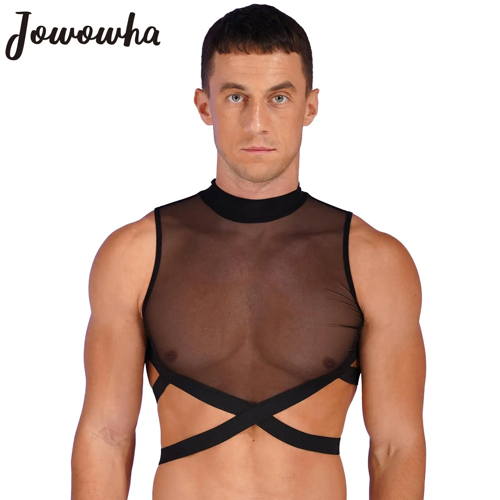 Mens Sheer Mesh Tanks Tops Sleeveless See-through Zipper Back Vest Elastic Strappy Criss Cross Tees Crop Top Rave Party Clubwear