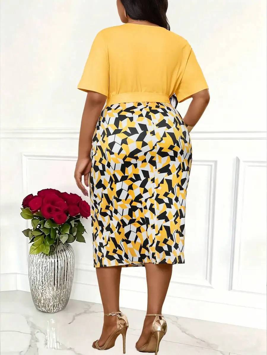 

Plus Size Women Geometric Print Short Sleeve Tie Waist Midi Dress
